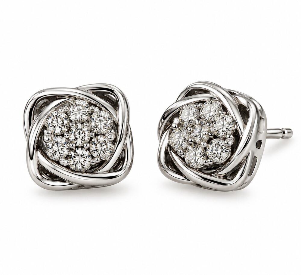 925 Sterling Silver Diamond Cluster Stud Earrings Floral Design